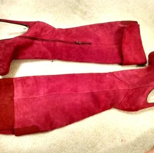 Cherry red high heel knee boots